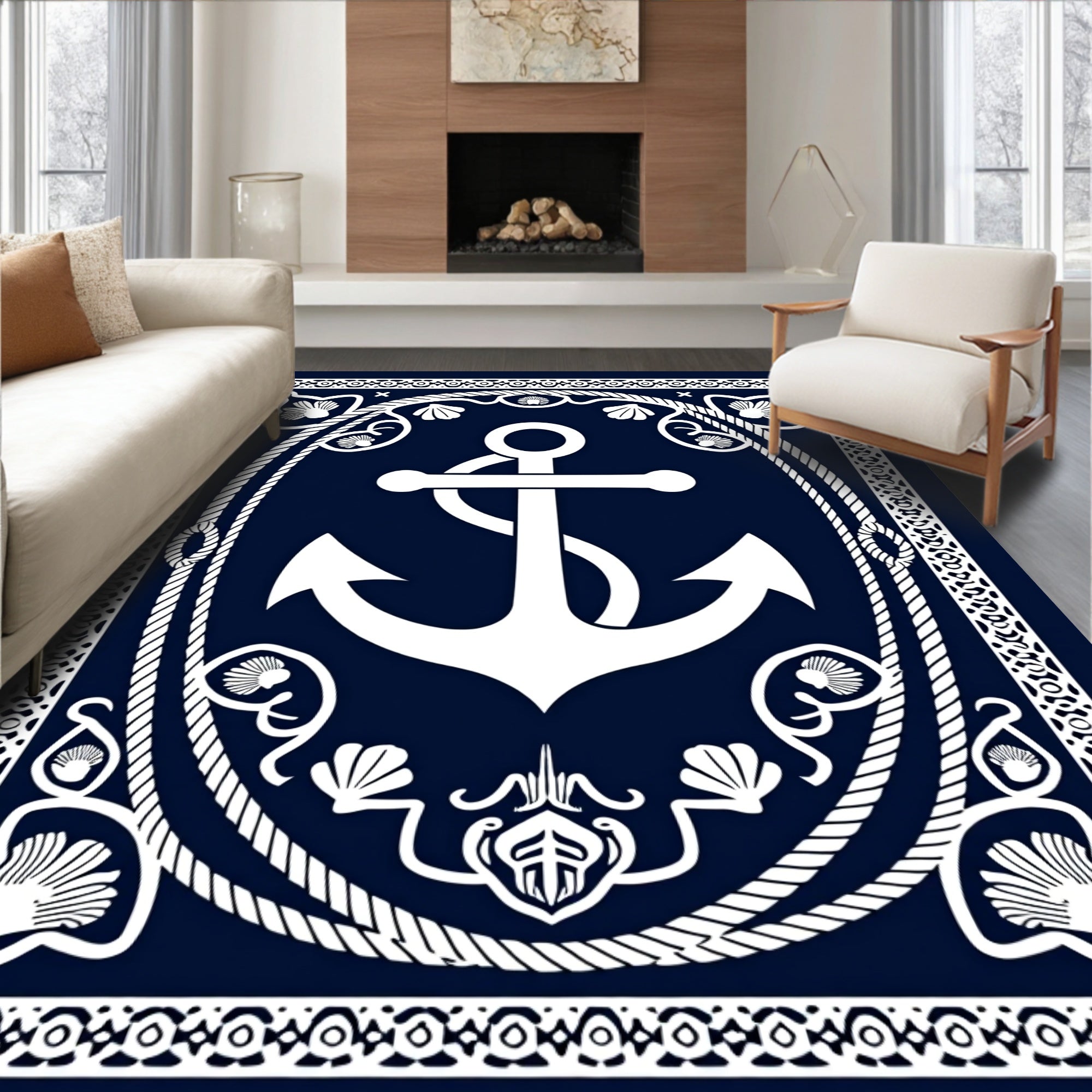 Nautical White Anchor Navy Blue Emblem Rug