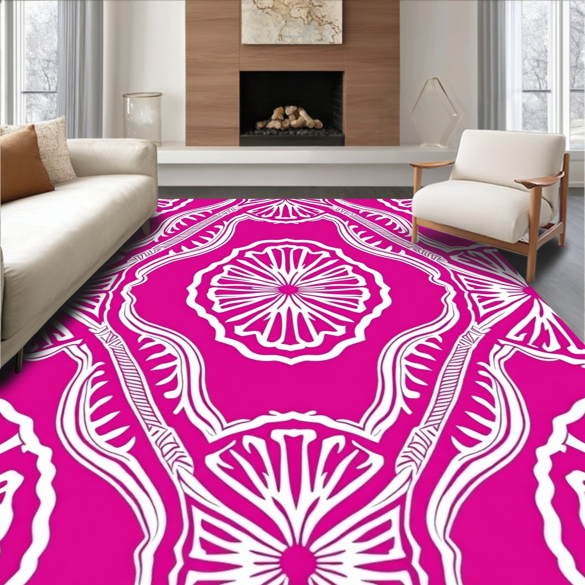 Bright Fuchsia Fan Shaped Medallions Rug
