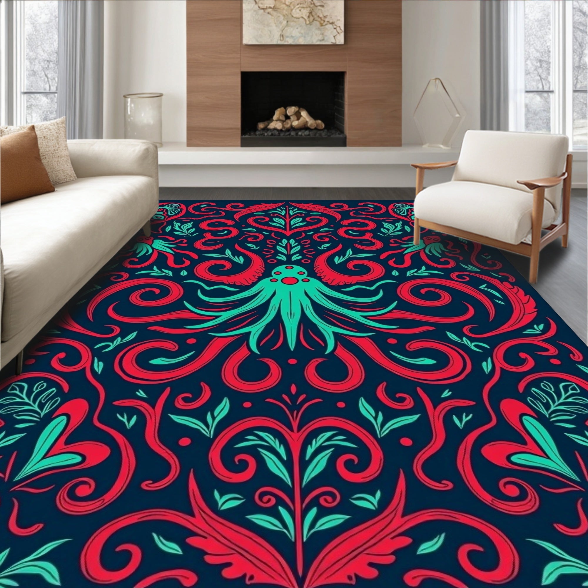 Crimson Teal Kraken Foliage Rug
