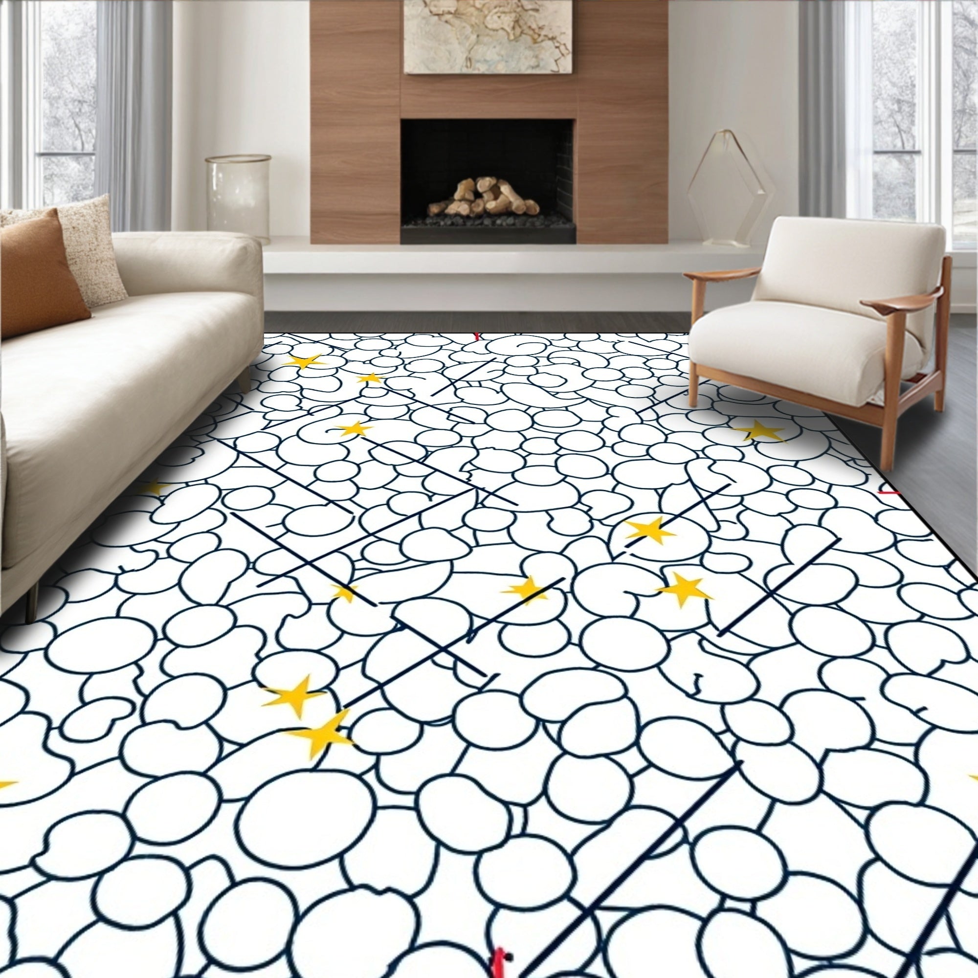 Abstract White Organic Shapes Yellow Stars Rug