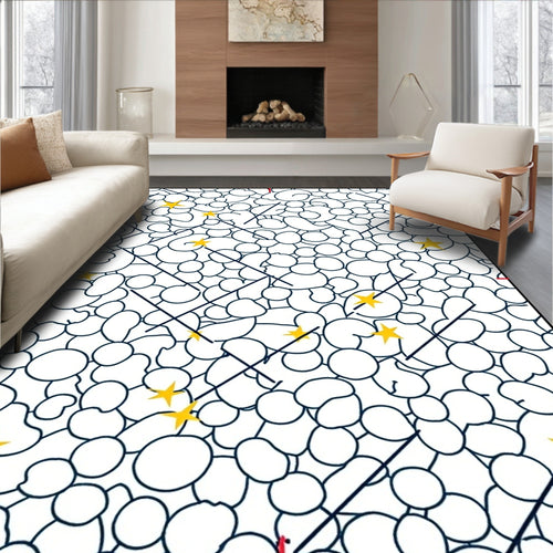 Abstract White Organic Shapes Yellow Stars Rug