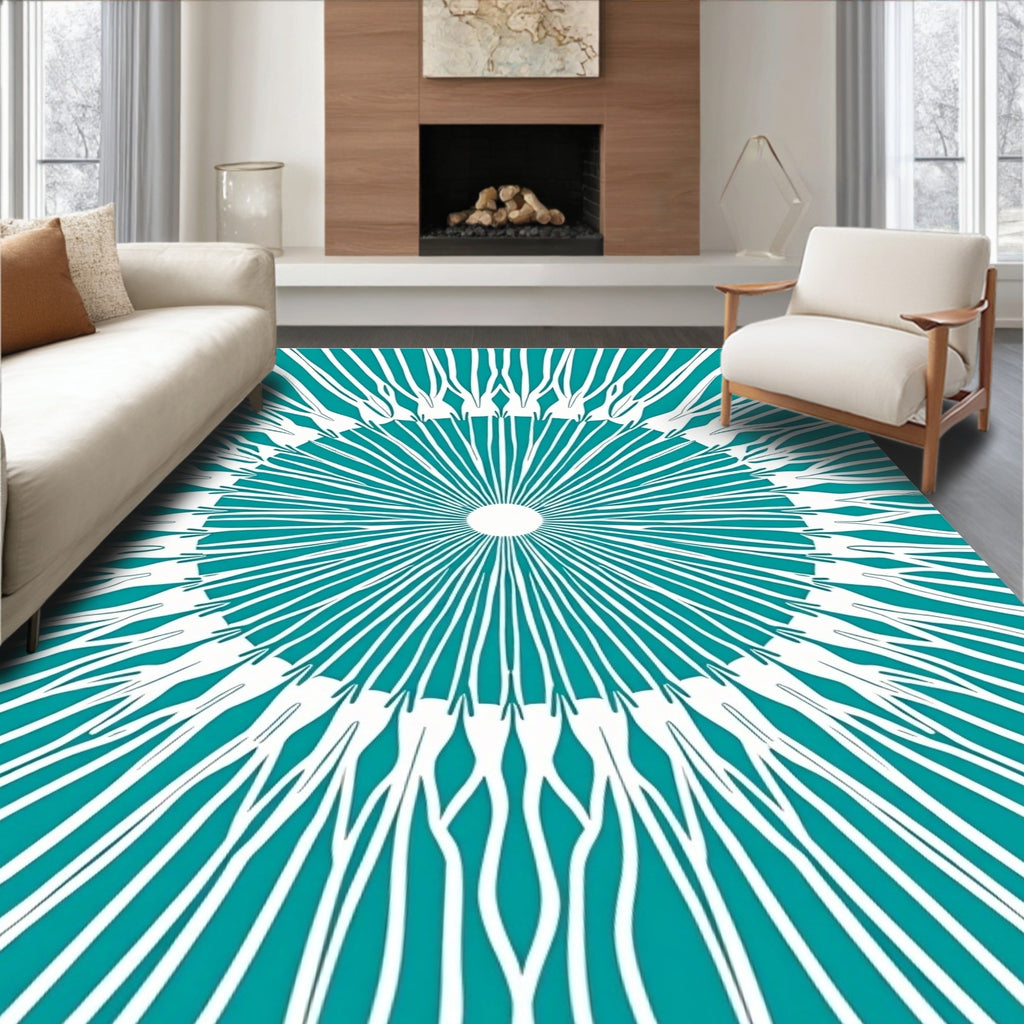Turquoise White Sunburst Radial Rug