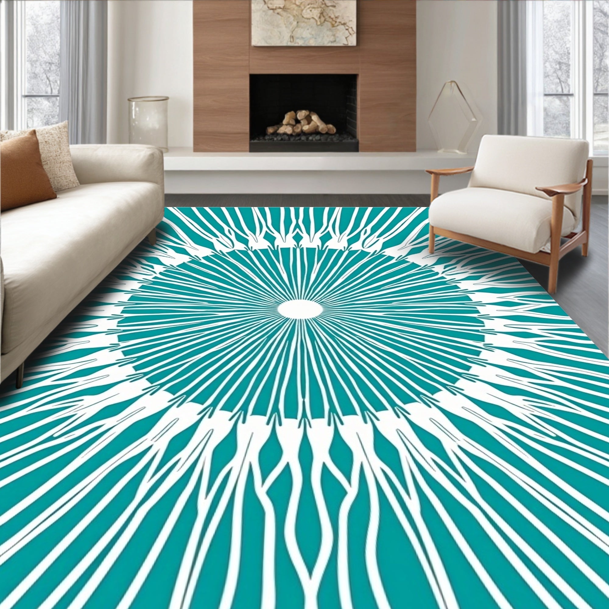 Turquoise White Sunburst Radial Rug