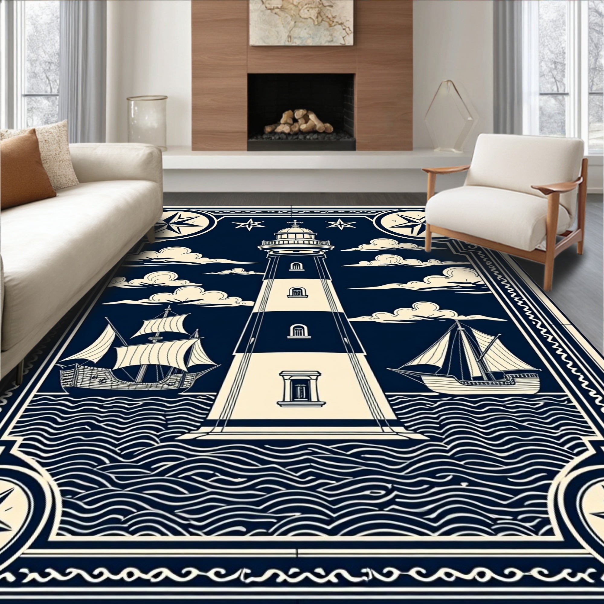 Nautical Lighthouse Ships Compass Illustration Rug