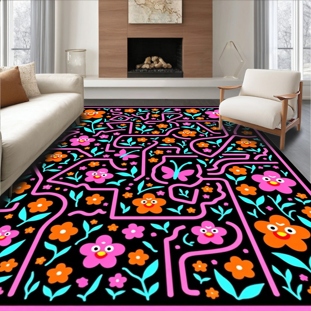 Whimsical Pink Orange Floral Butterfly Maze Rug