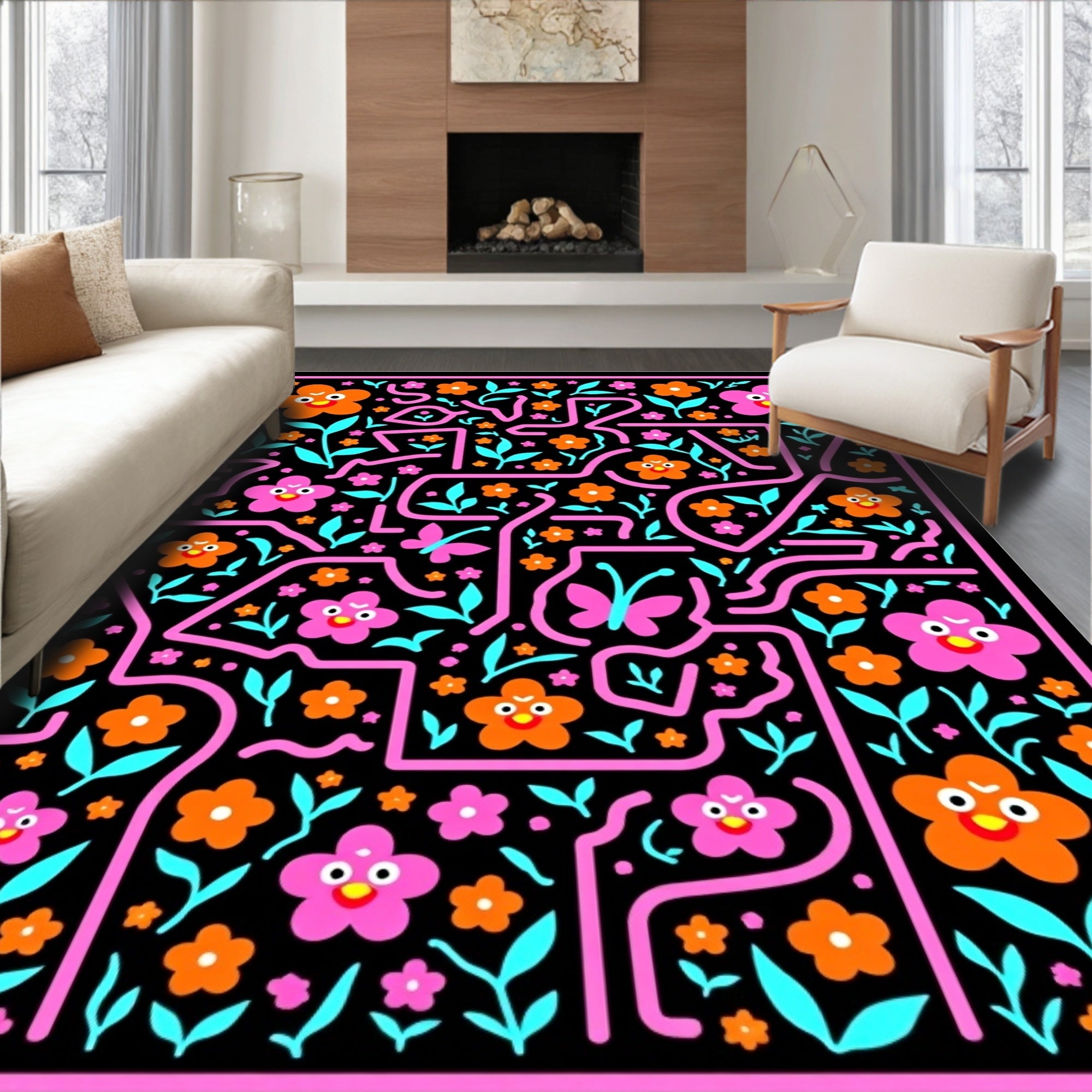 Whimsical Pink Orange Floral Butterfly Maze Rug