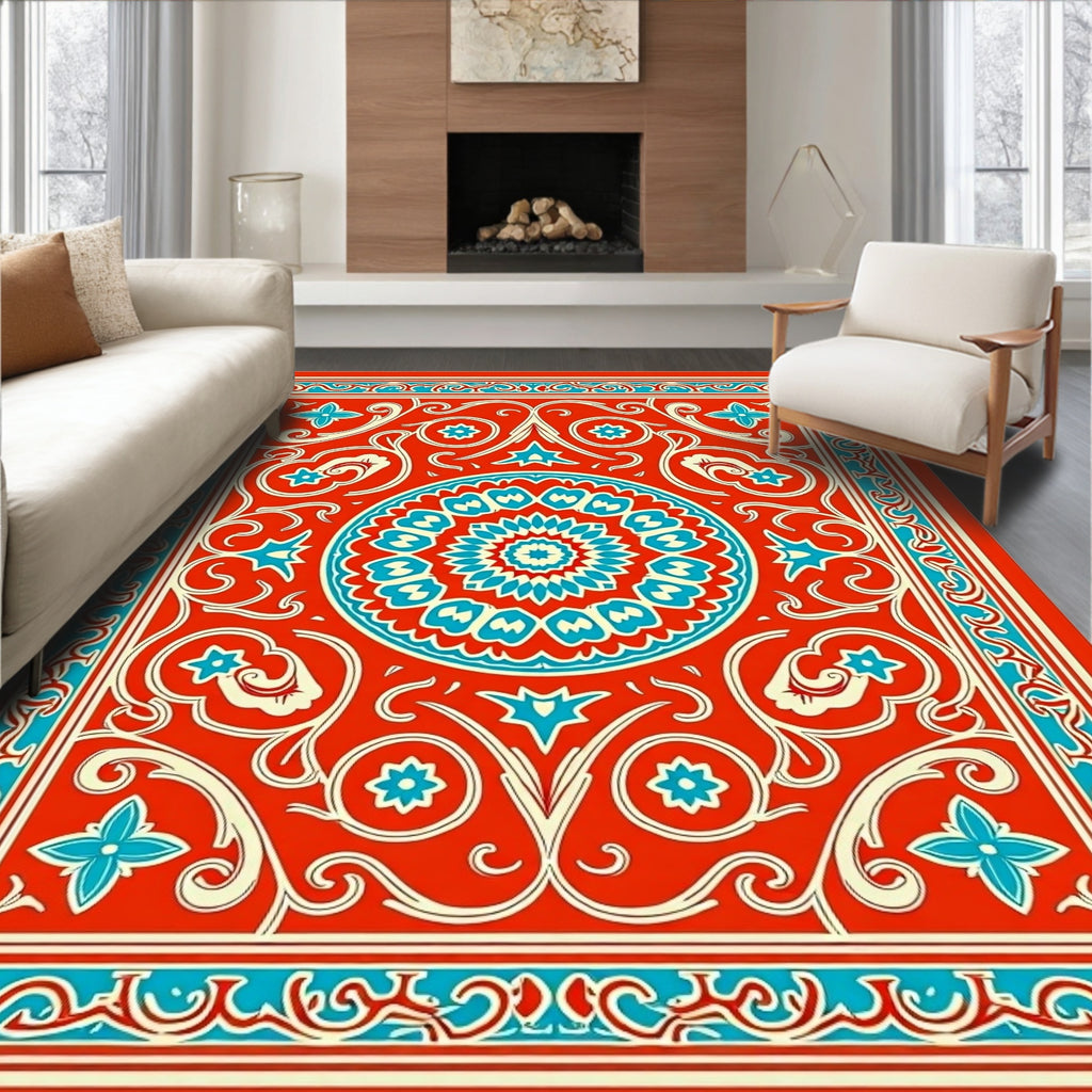 Vibrant Red Turquoise Floral Medallion Rug