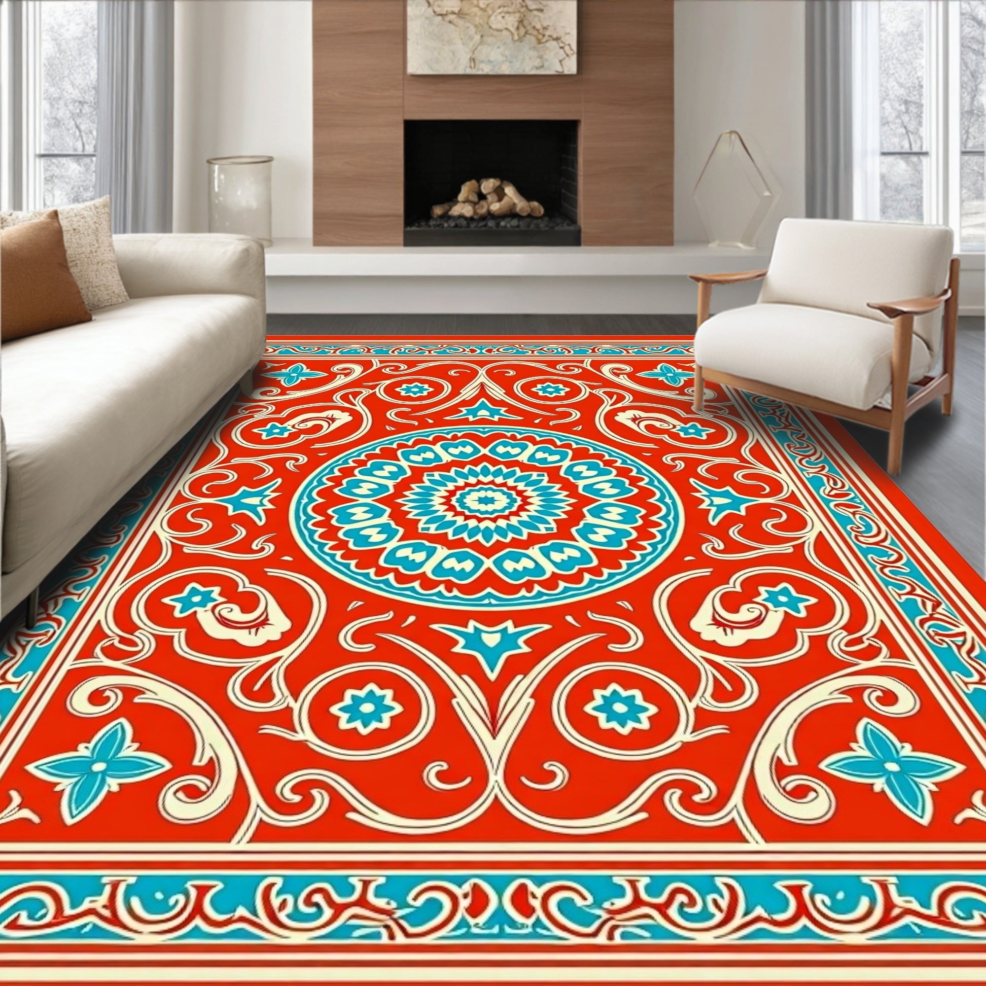 Vibrant Red Turquoise Floral Medallion Rug