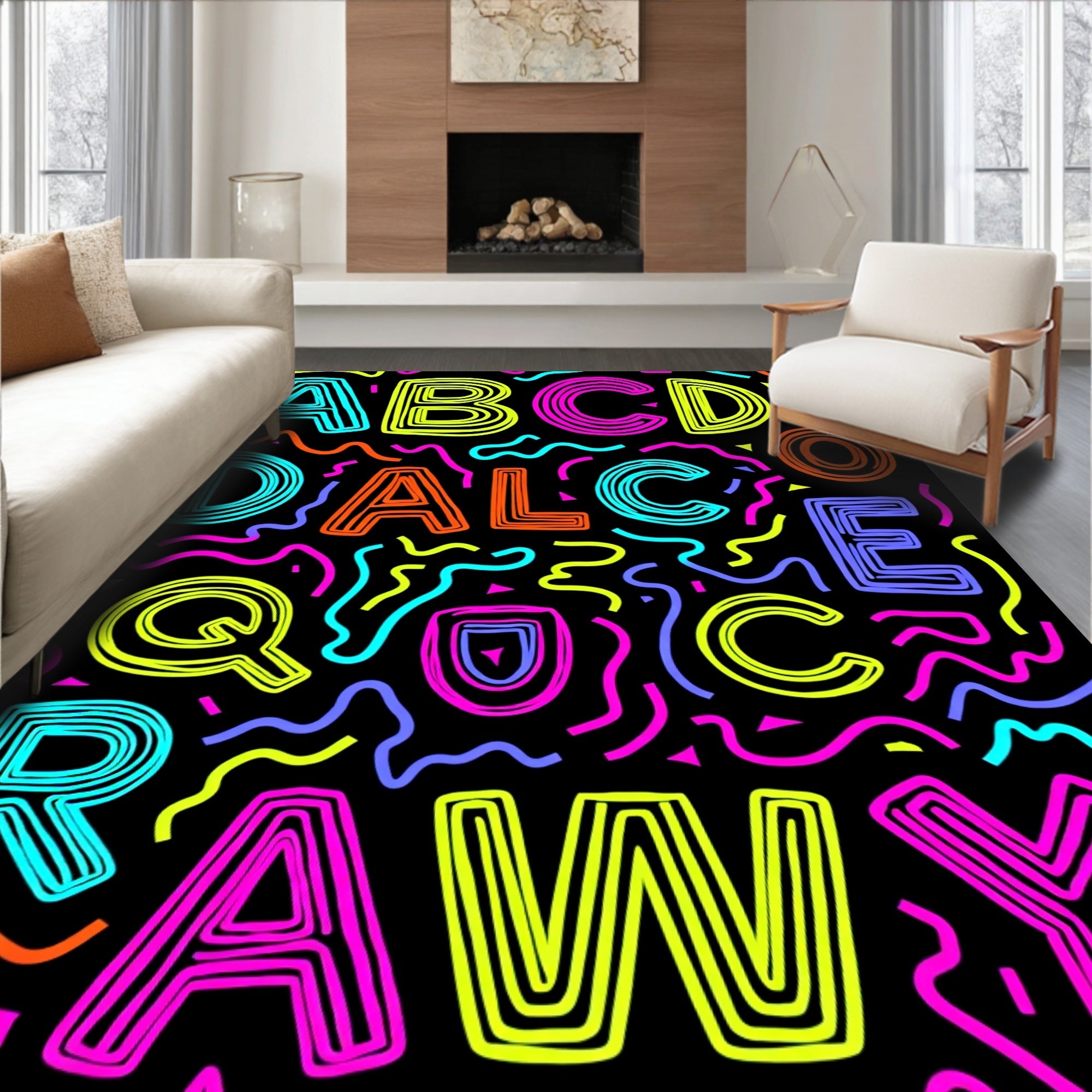 Neon Alphabet Confetti Rug