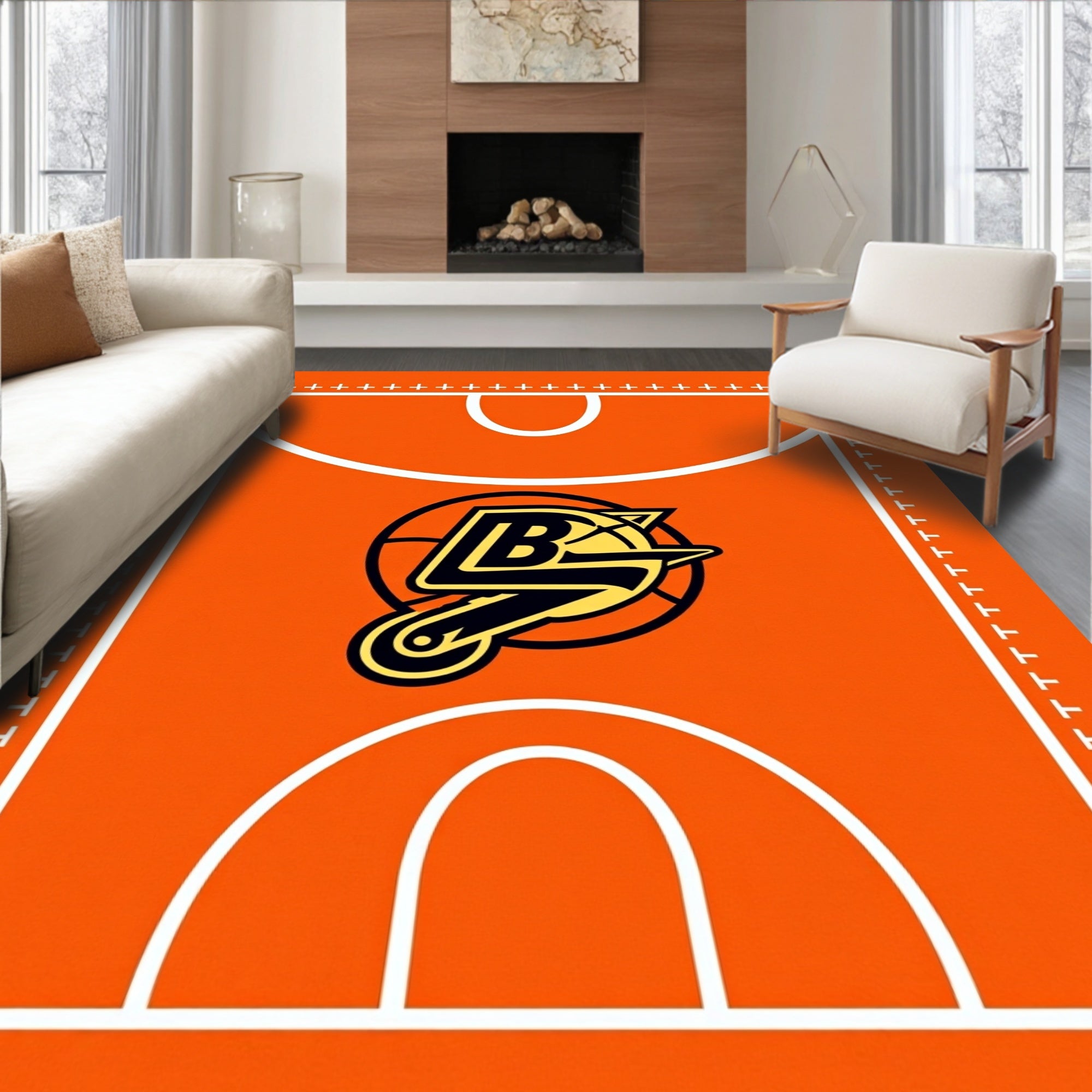 Orange Basketball Court Logo Rug