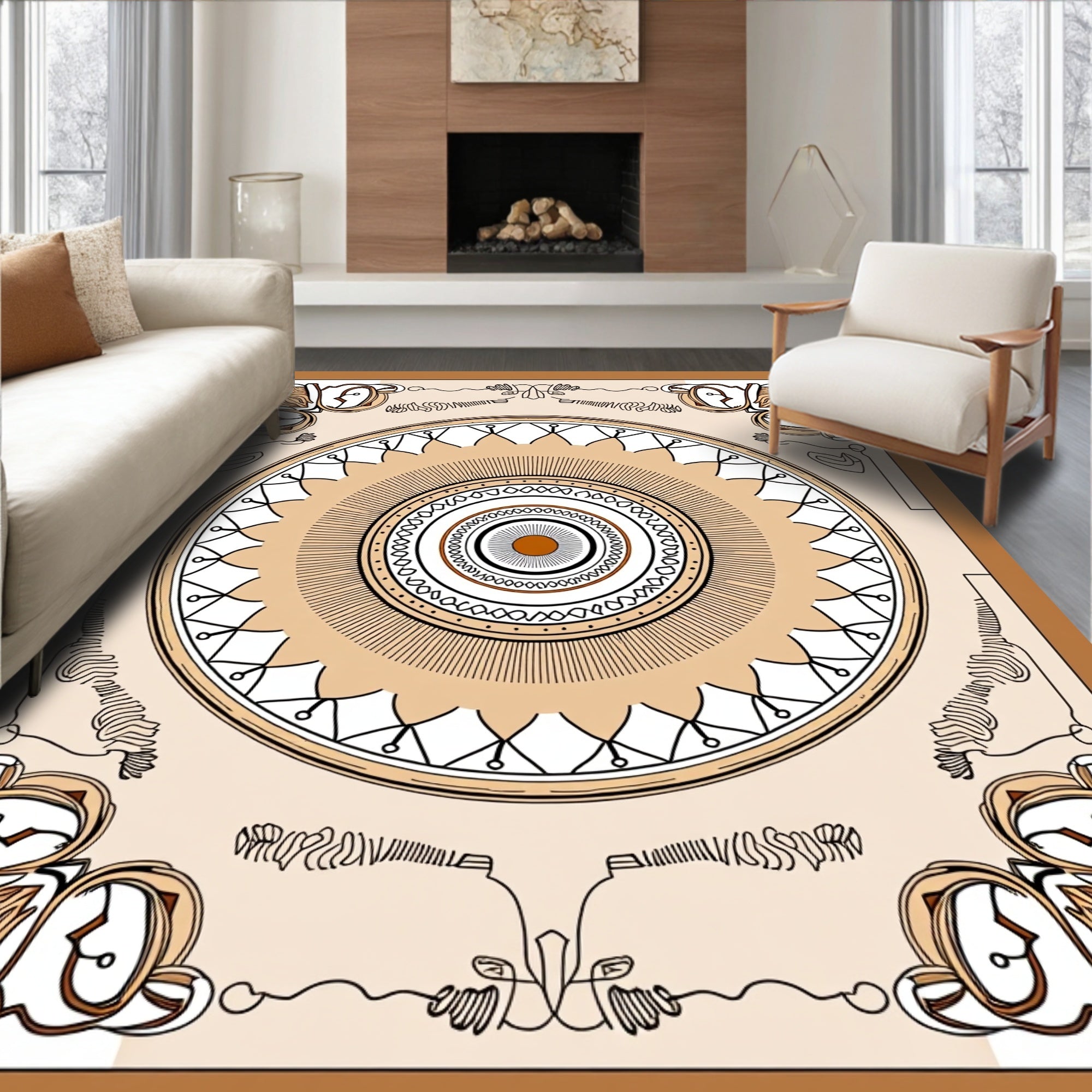 Earthy Brown Circular Medallion Art Rug
