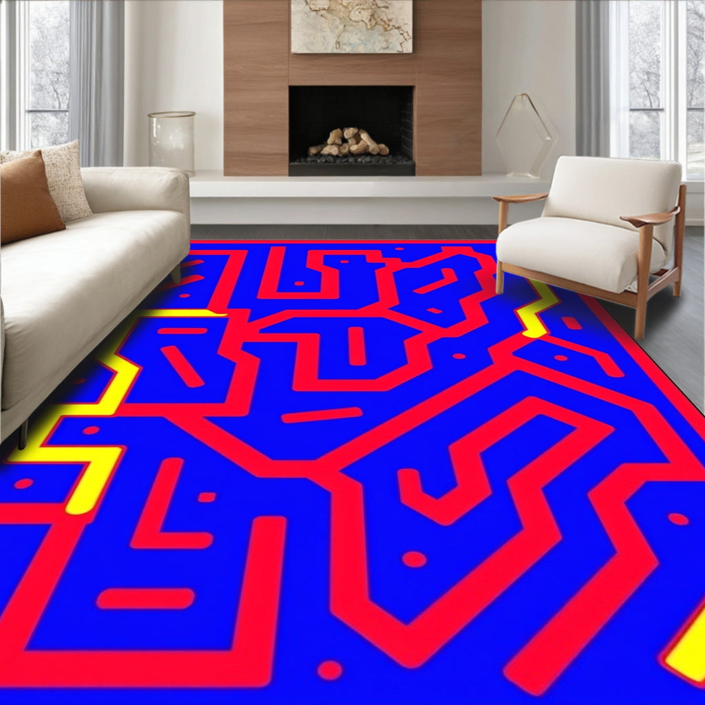 Bold Blue Red Yellow Abstract Maze Rug
