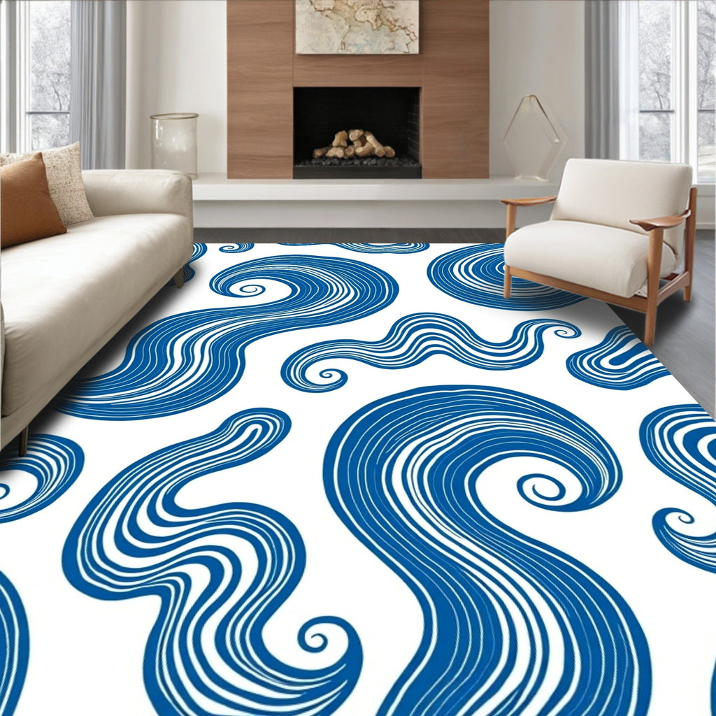 Deep Blue Wavy Organic Swirls Rug