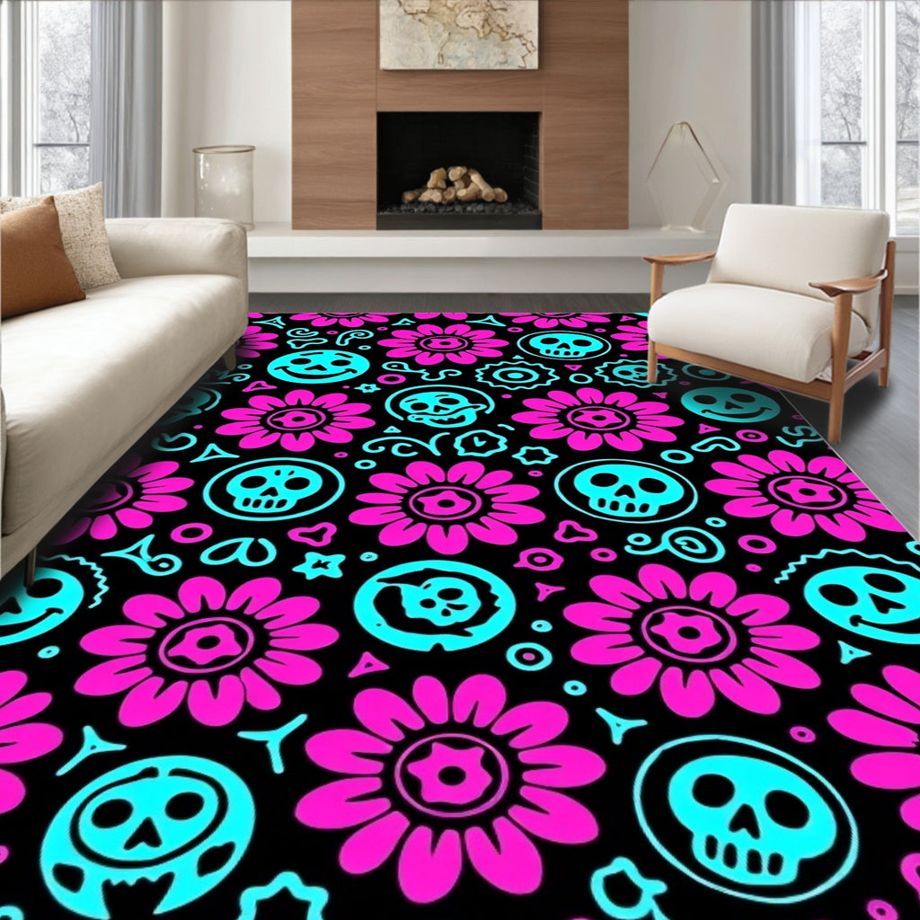 Pink Floral Skulls With Smiles Rug