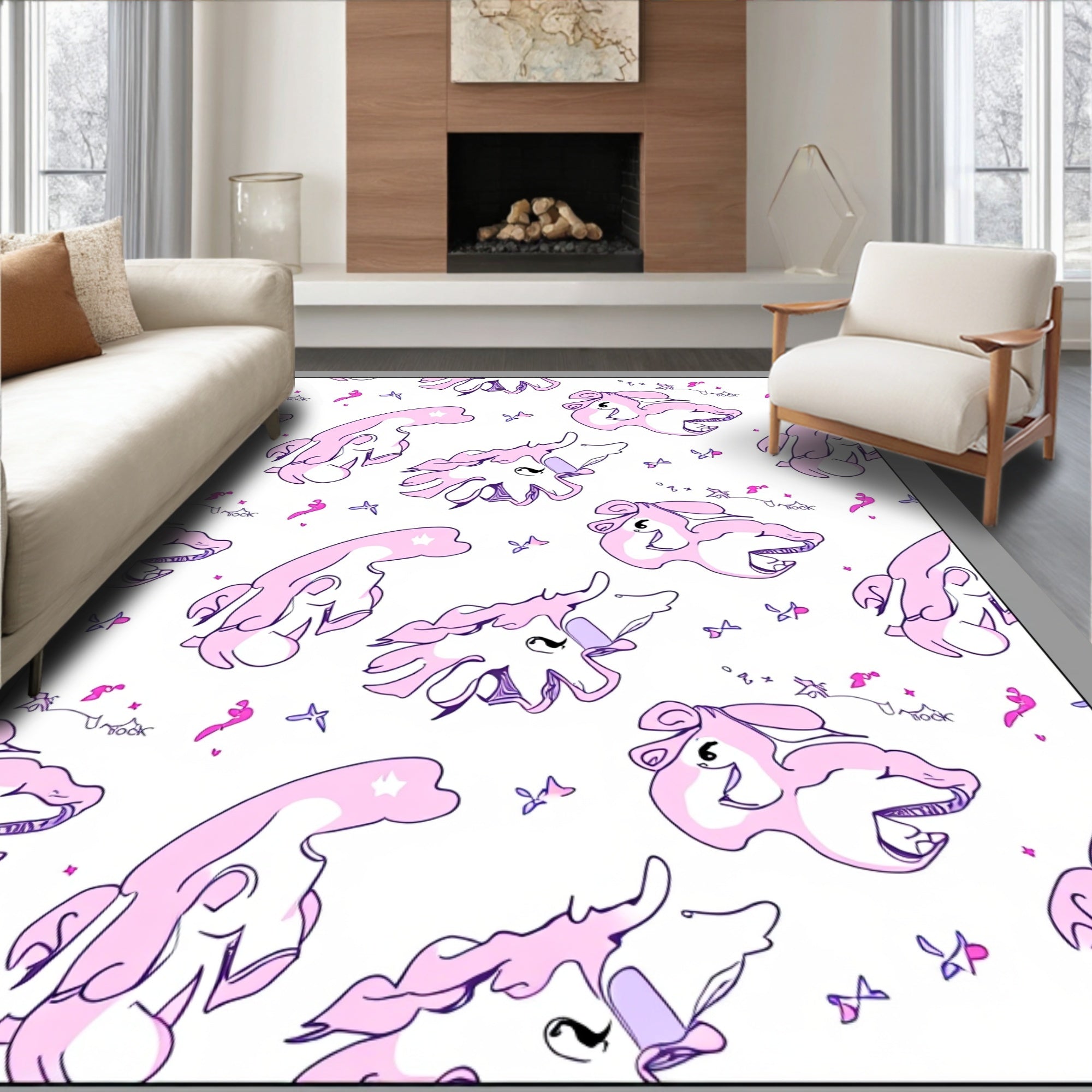Playful Pink Cartoon Creatures Abstract Rug