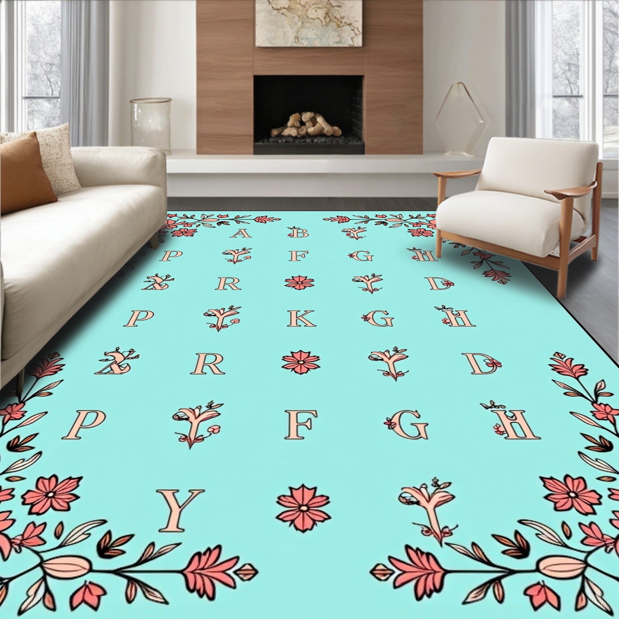 Teal Floral Alphabet Border Rug