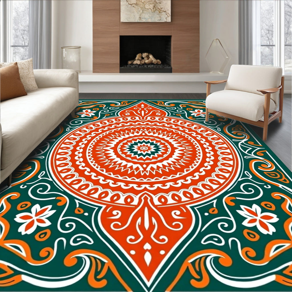 Orange Teal Floral Mandala Rug