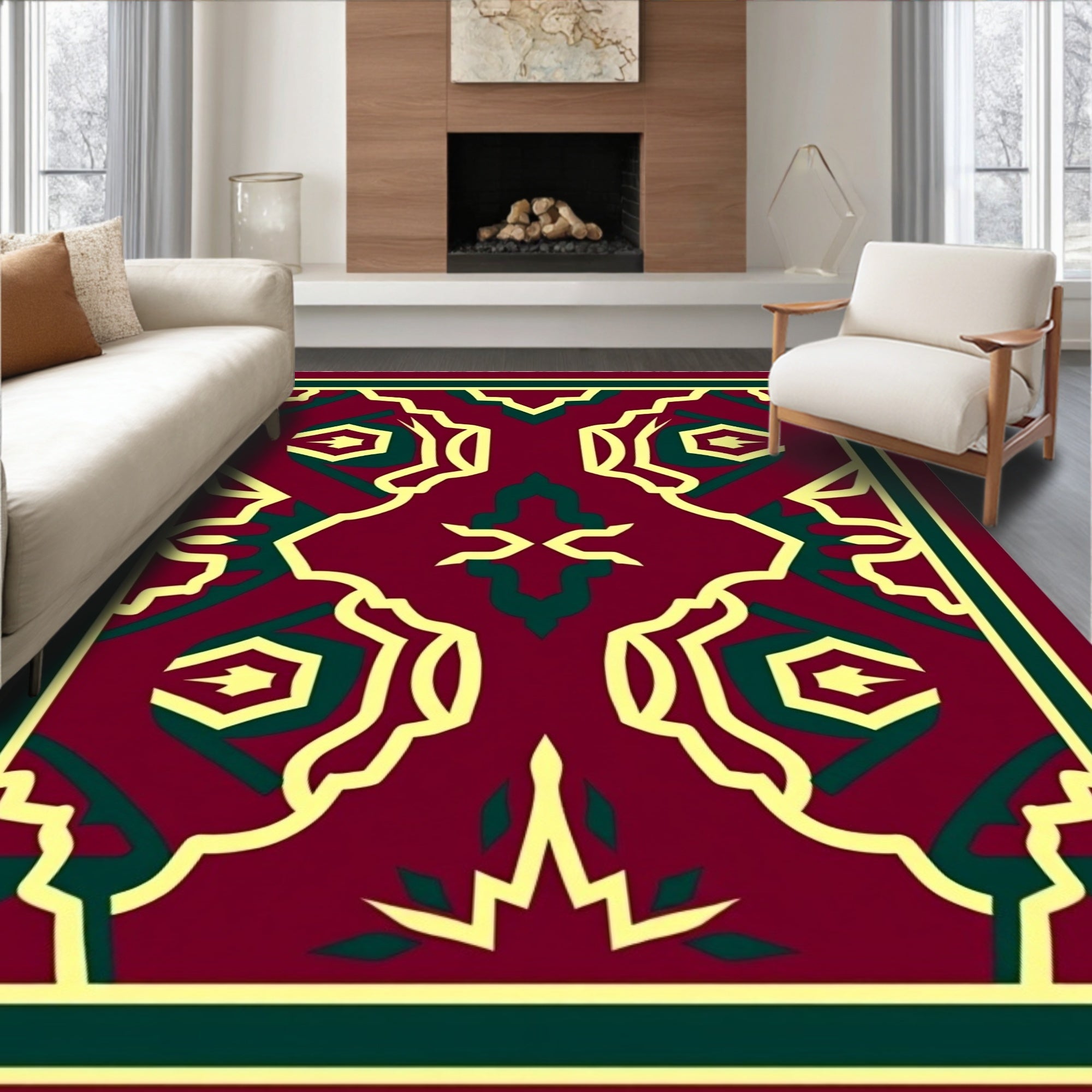 Deep Red Geometric Medallion Harmony Rug