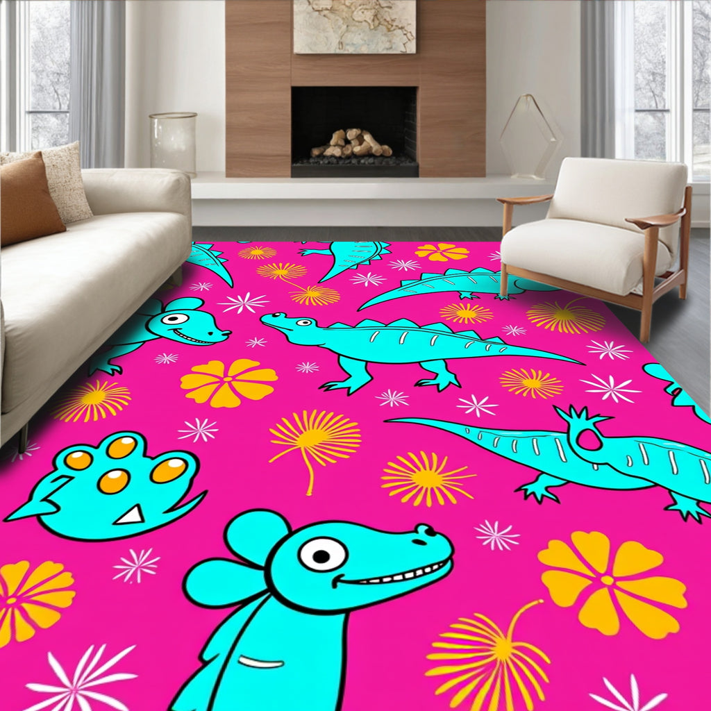 Bright Pink Turquoise Dinosaur Floral Medley Rug