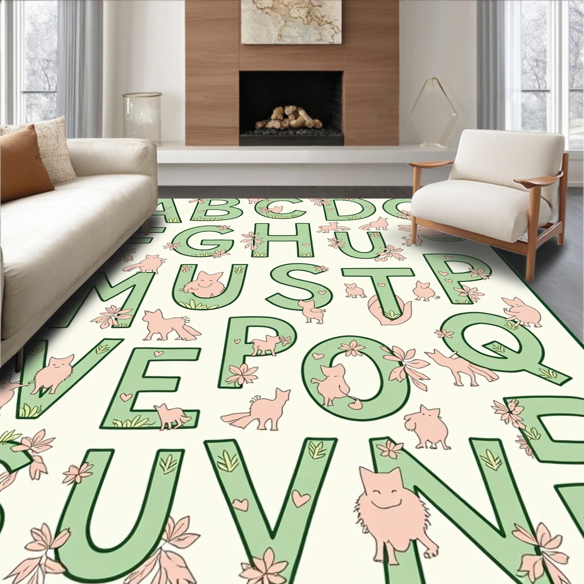 Whimsical Green Alphabet Pink Critters Rug