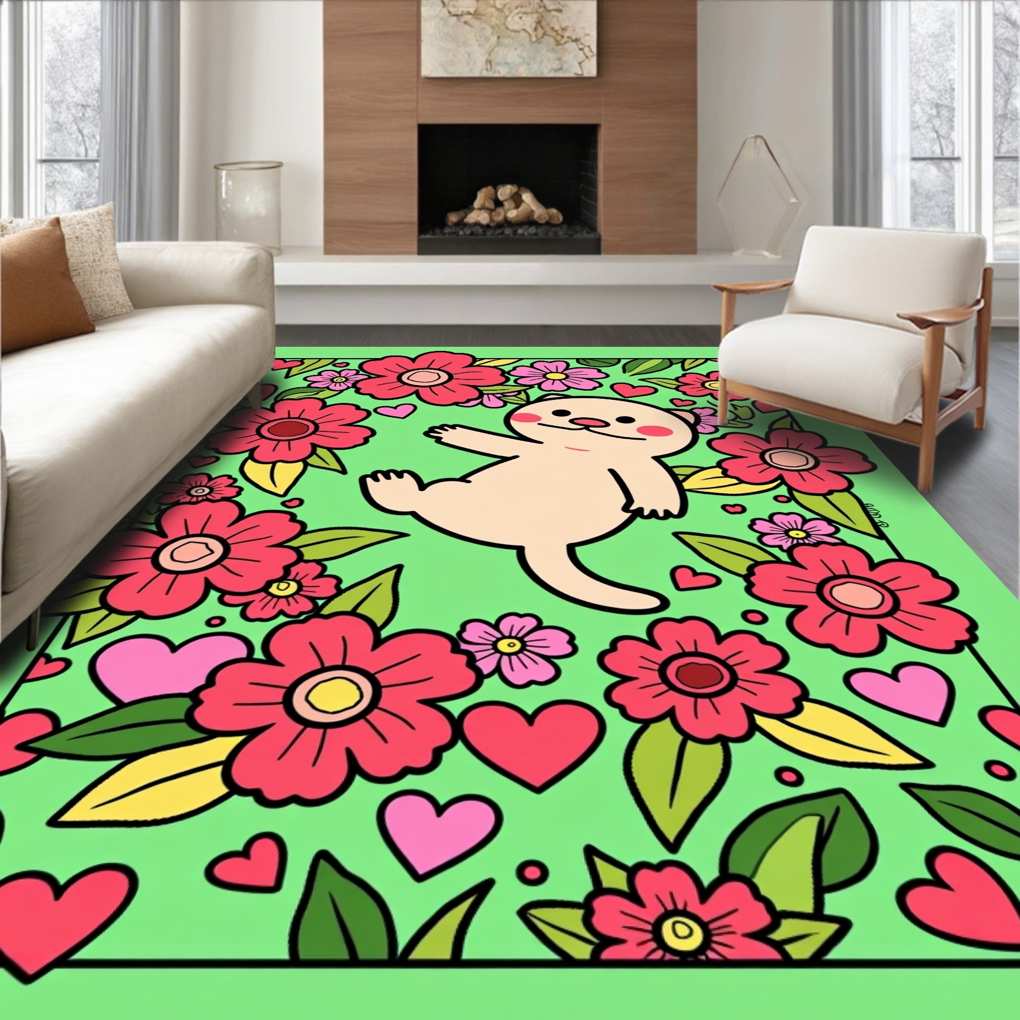 Whimsical Cute Cat Floral Hearts Delight Rug
