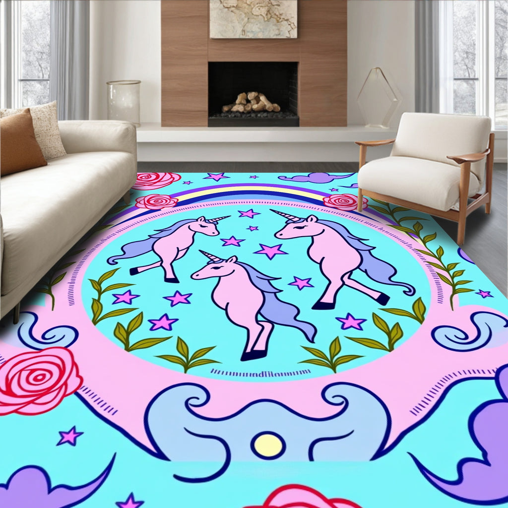 Whimsical Pink Unicorn Rainbow Cloud Rug