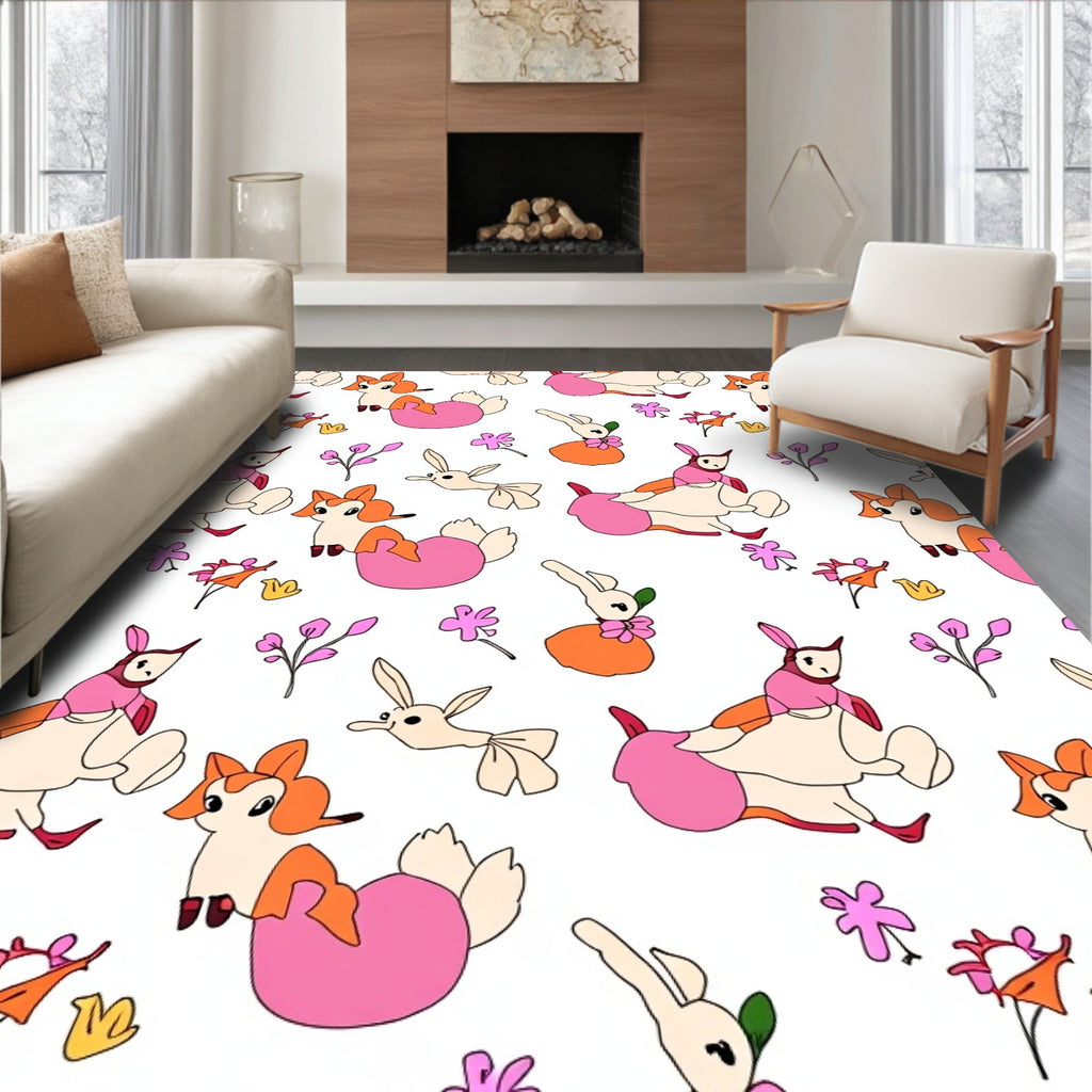 Playful Bunny Floral Garden Theme Rug