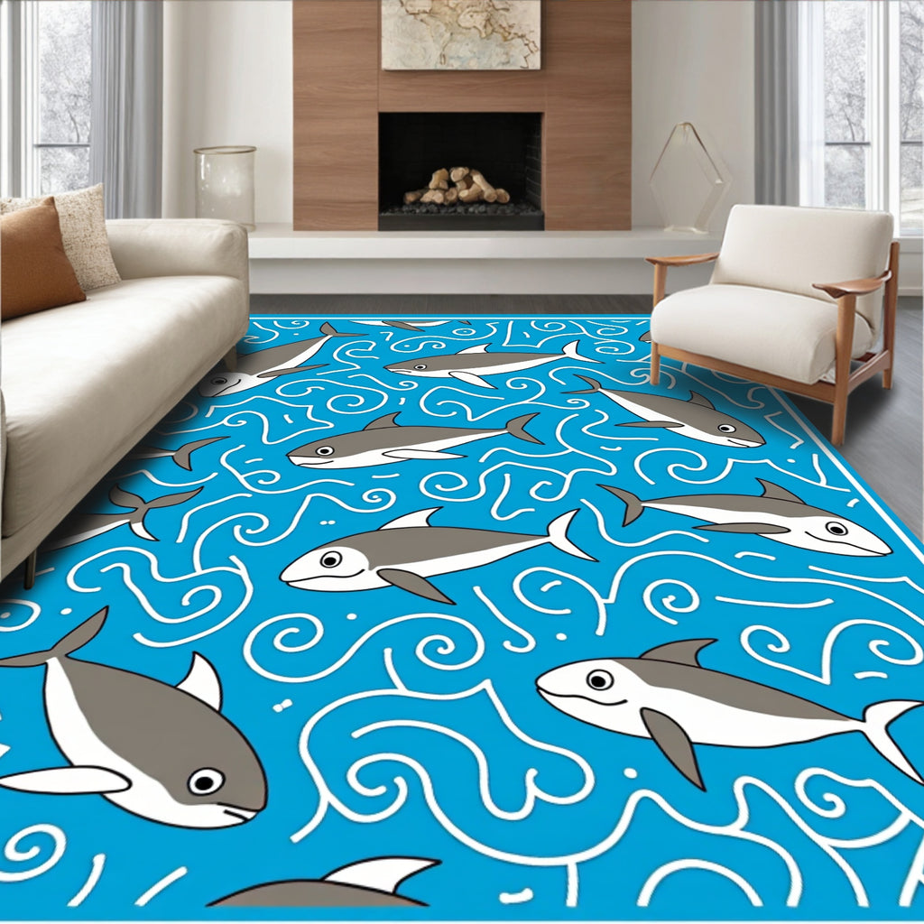 Oceanic Blue Dolphin Swirls Rug