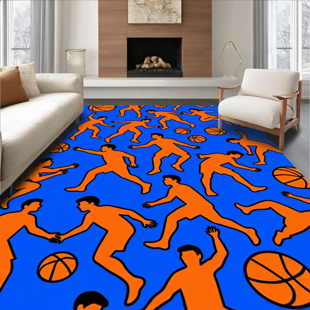 Orange Basketball Players Blue Field Rug