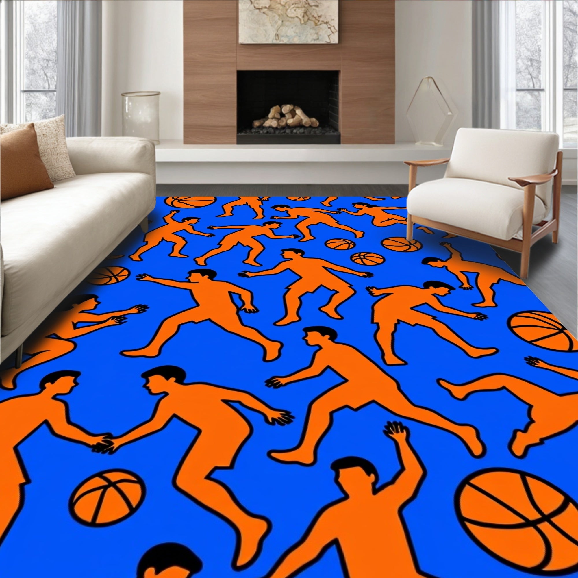 Orange Basketball Players Blue Field Rug