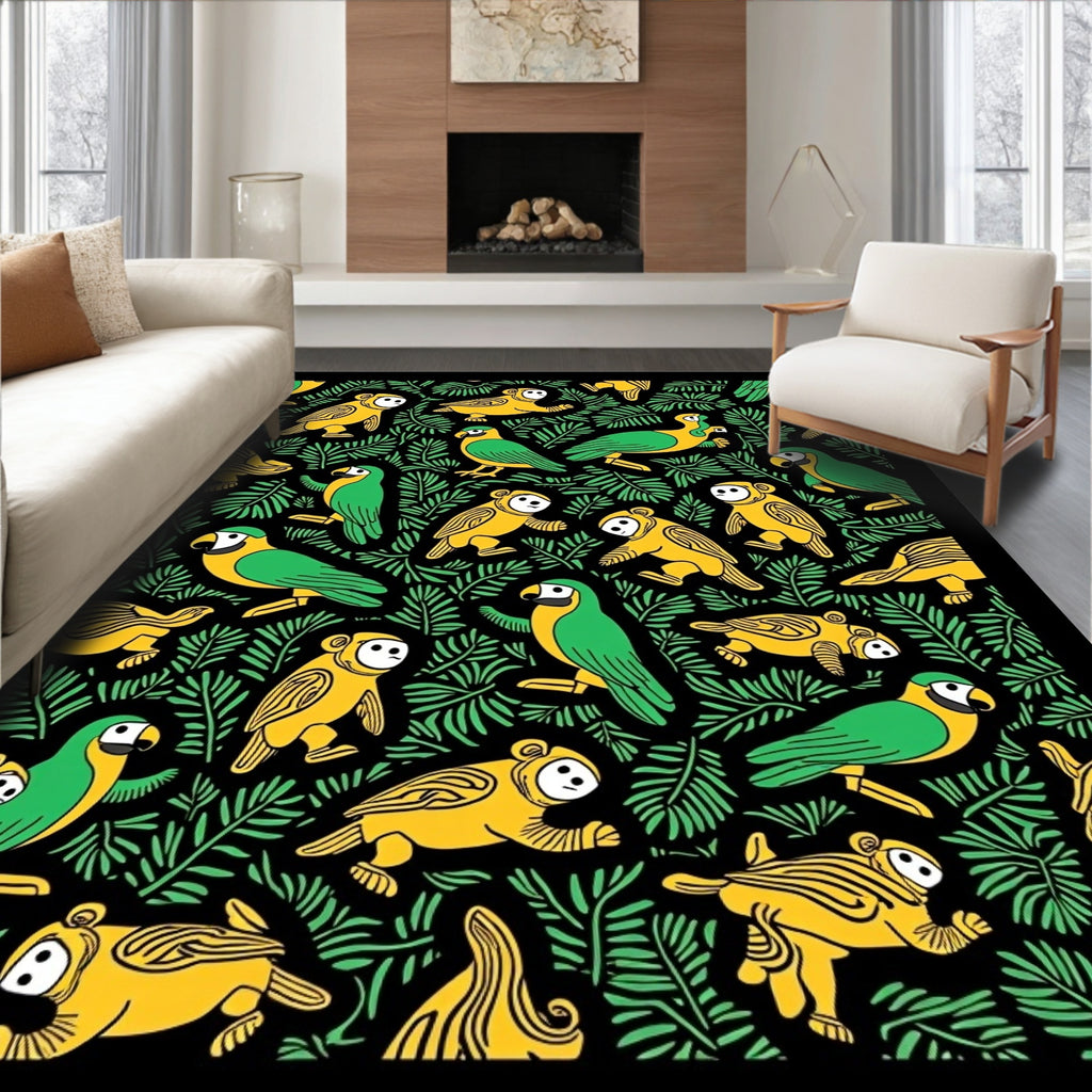 Yellow Green Tropical Bird Foliage Rug