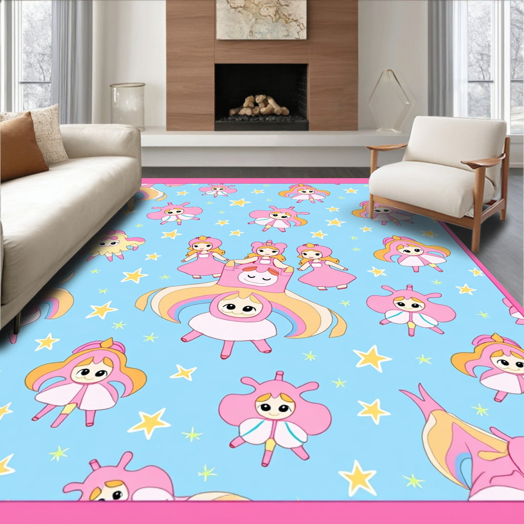 Cute Pink Princess Stars Blue Background Rug