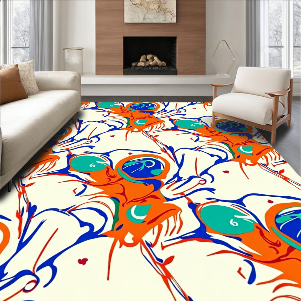 Vibrant Orange Blue Swirl Forms Rug