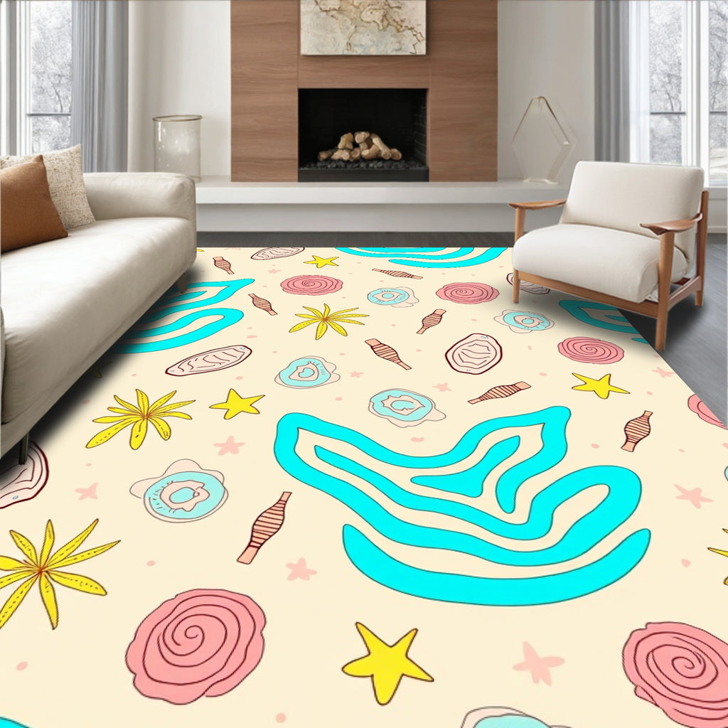 Cream Blue Abstract Organic Floral Rug