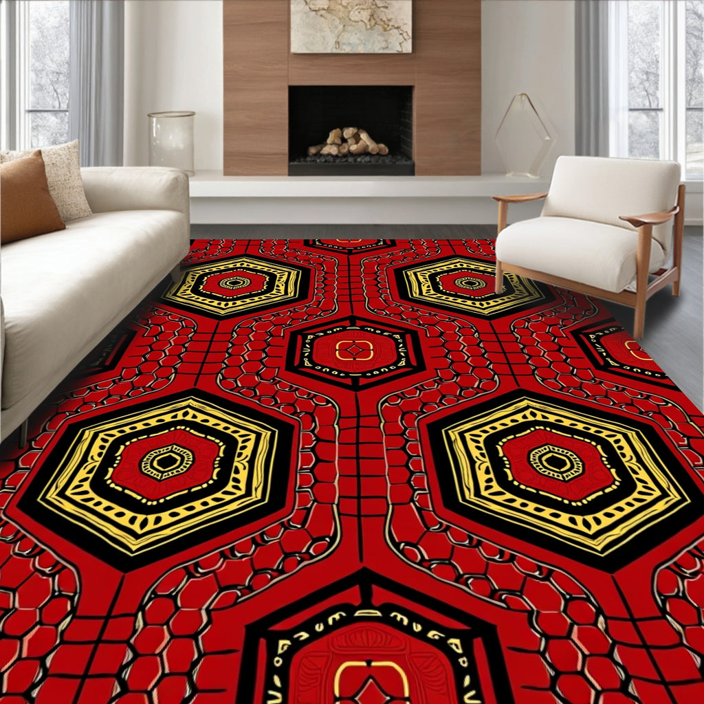 Red Black Yellow Hexagonal Medallion Rug