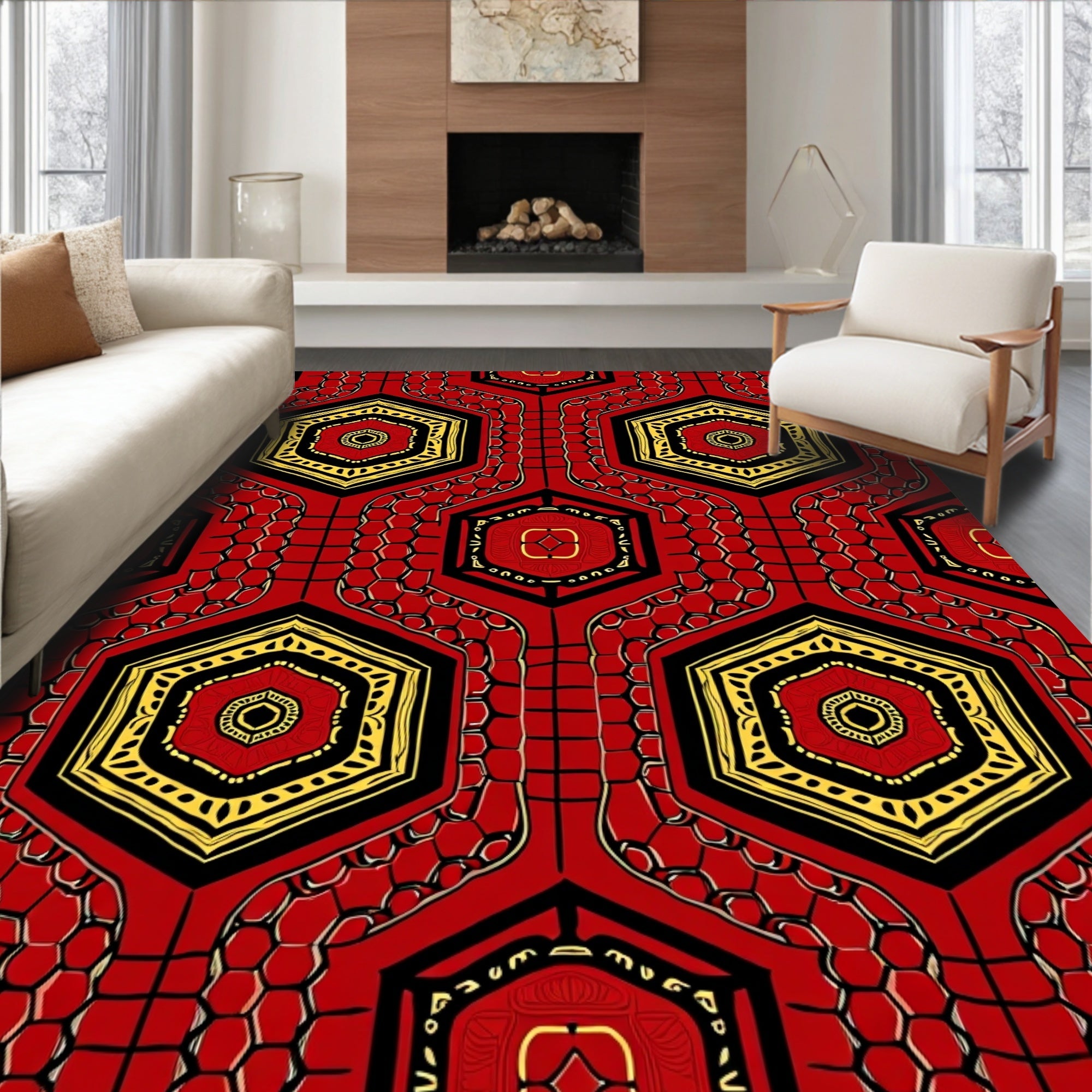 Red Black Yellow Hexagonal Medallion Rug