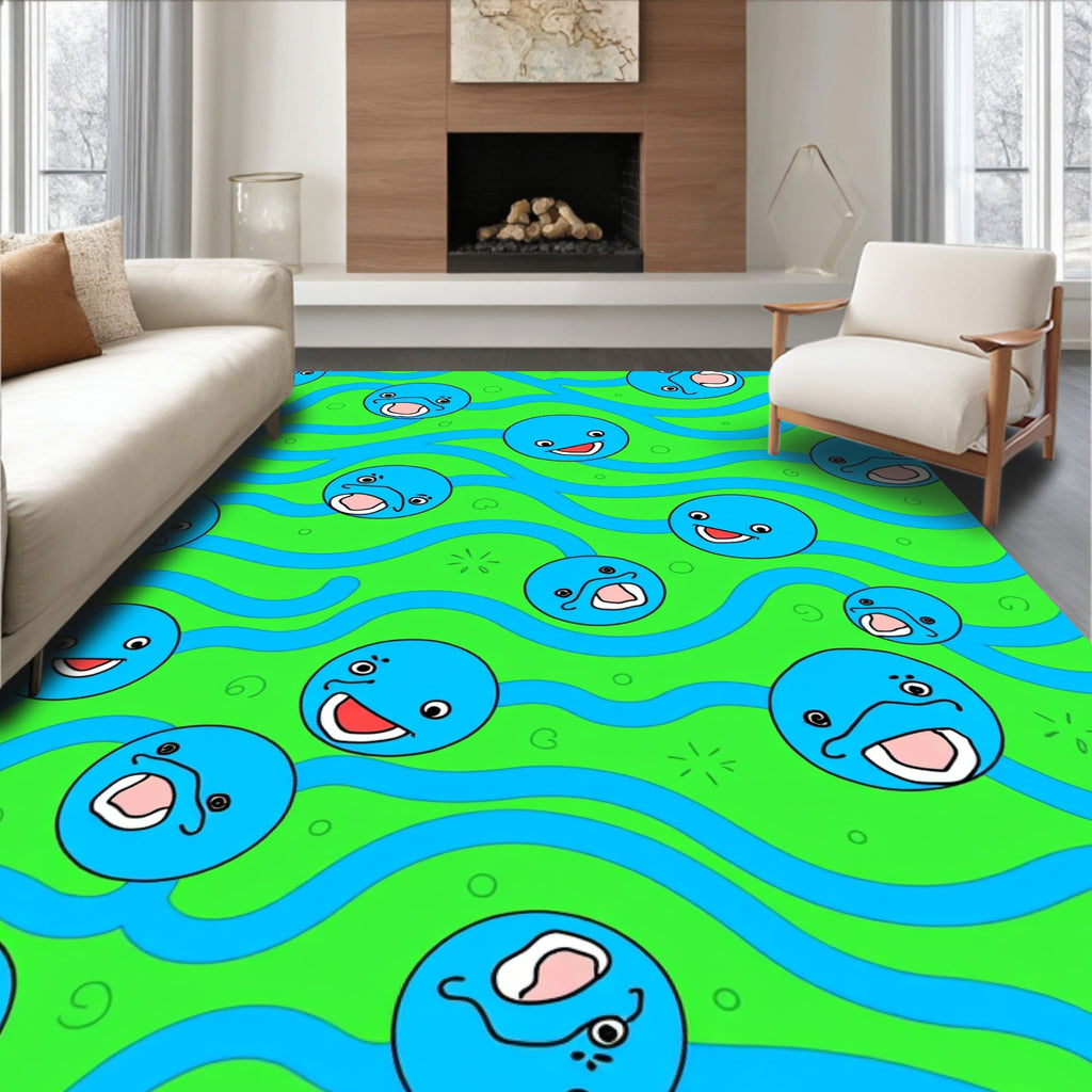 Whimsical Blue Faces Wavy Green Background Rug