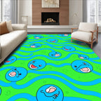 Whimsical Blue Faces Wavy Green Background Rug