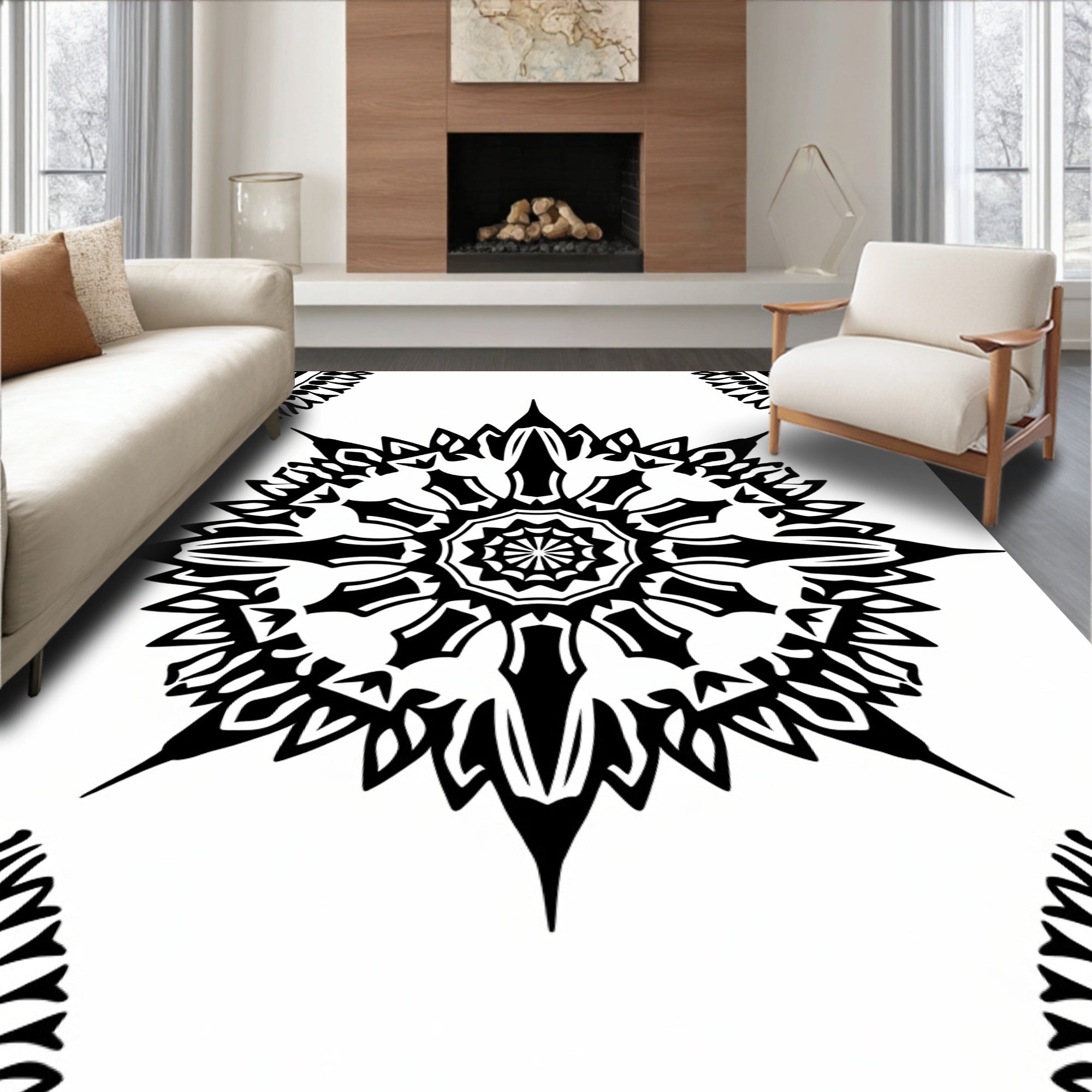 Black Gothic Sunburst Mandala Rug