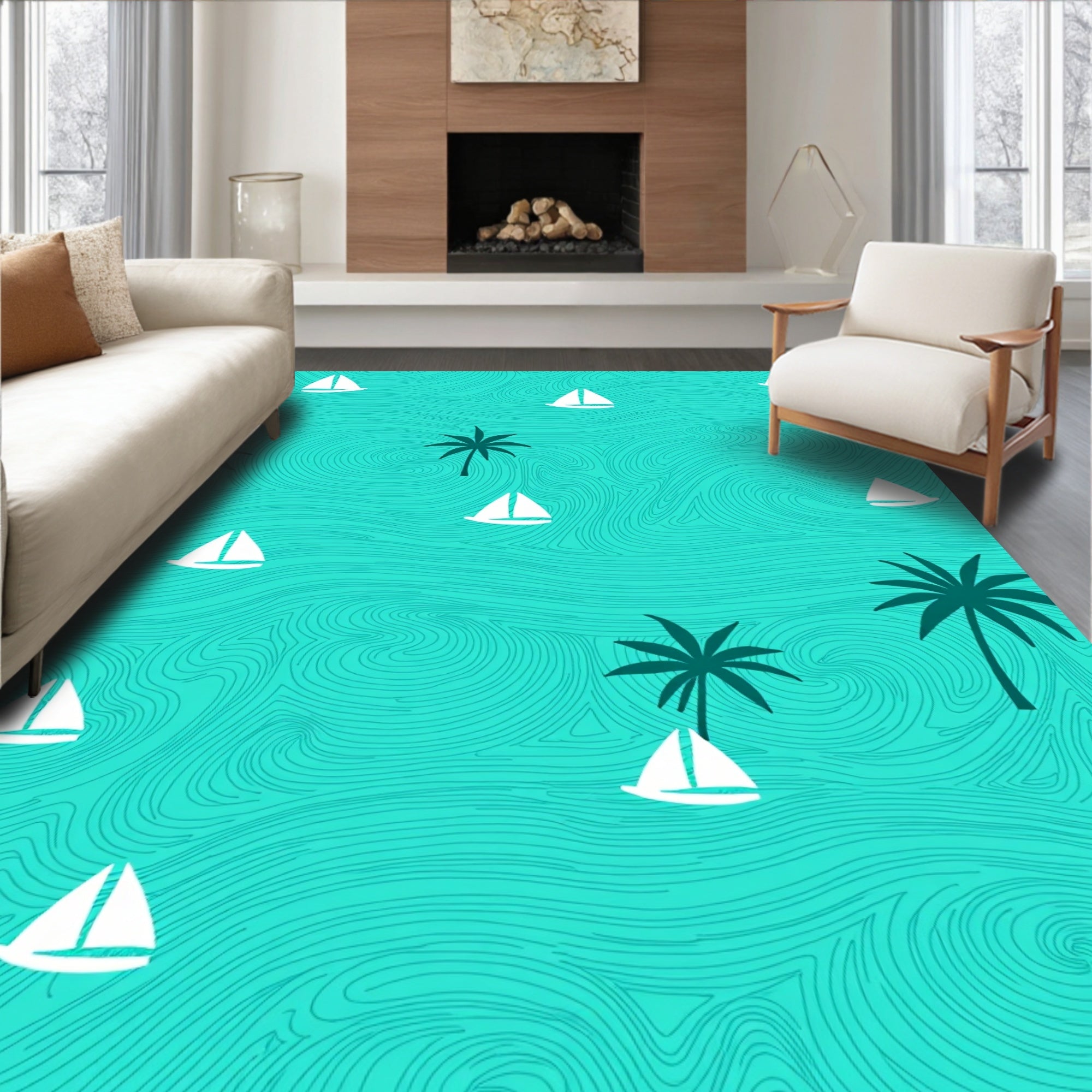 Turquoise Sailboat Palm Trees Ocean Waves Rug