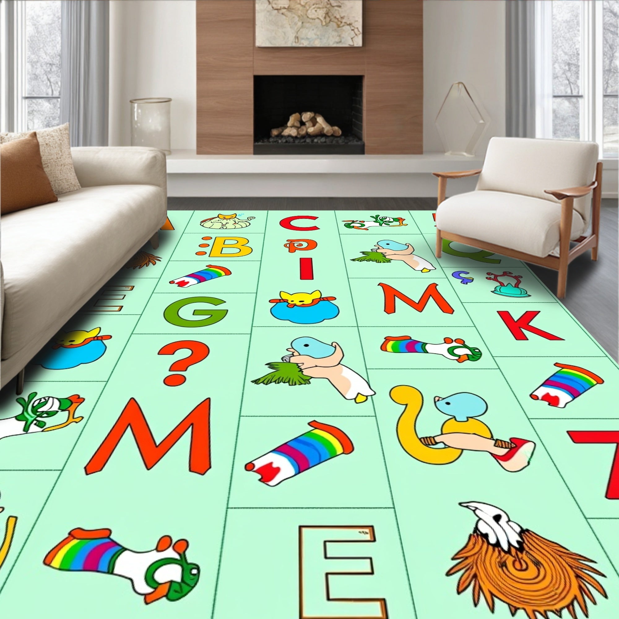 Playful Alphabet Creatures Rainbow Accents Rug