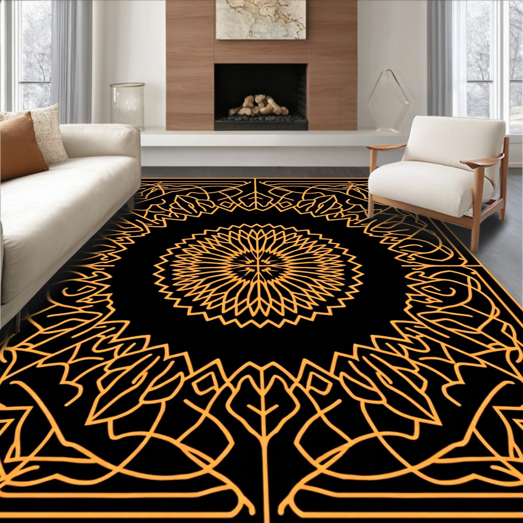 Orange Floral Sunburst Square Frame Rug