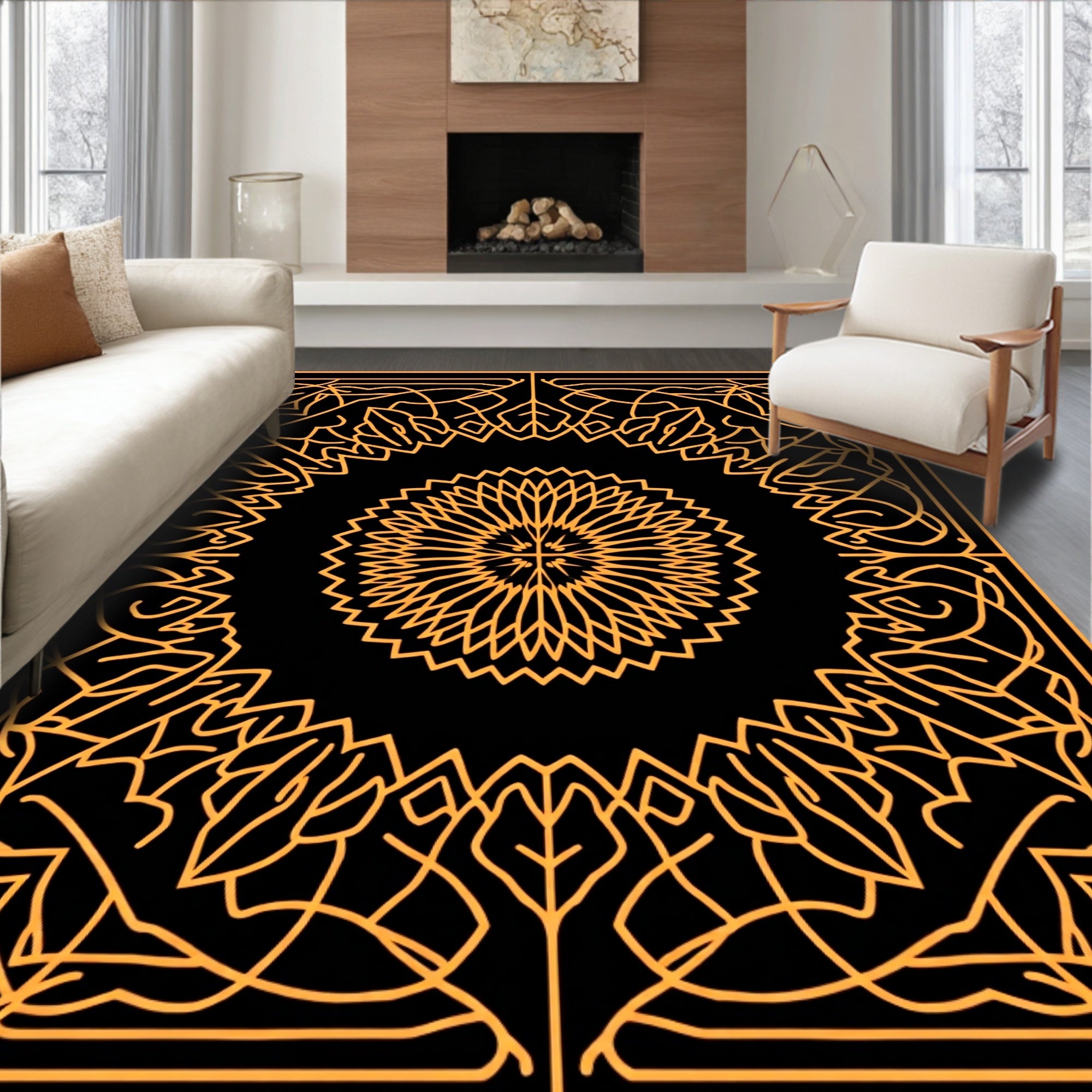 Orange Floral Sunburst Square Frame Rug