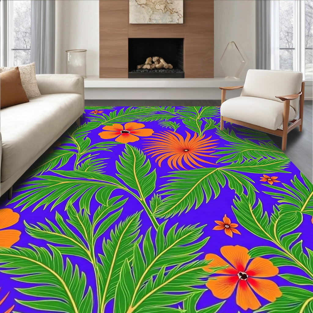 Vibrant Orange Flower Tropical Leaf Rug
