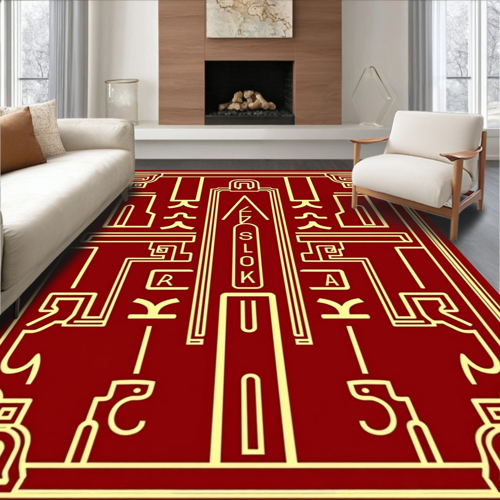 Deep Red Golden Geometric Frame Rug
