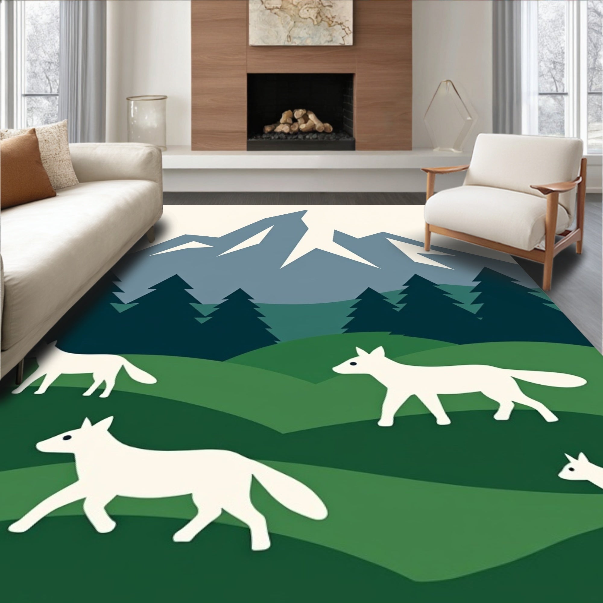 White Foxes Forest Mountain Landscape Rug