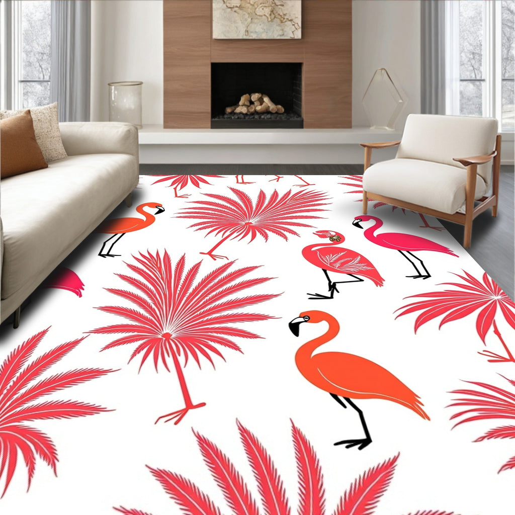 Coral Flamingos and Palm Fronds Rug