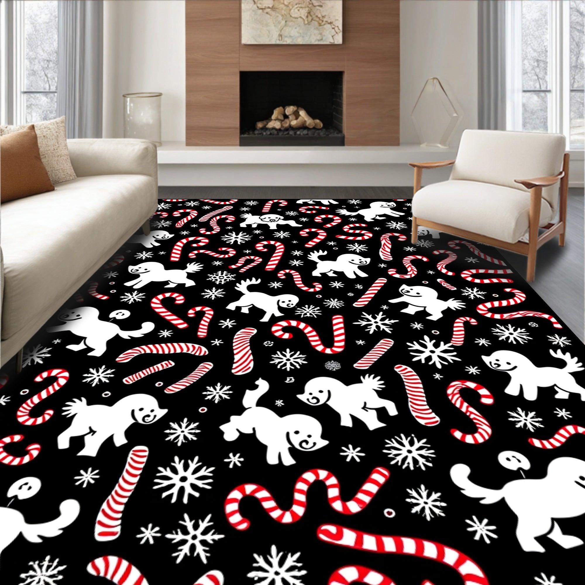 Sweet White Puppy Candy Cane Snowflakes Rug