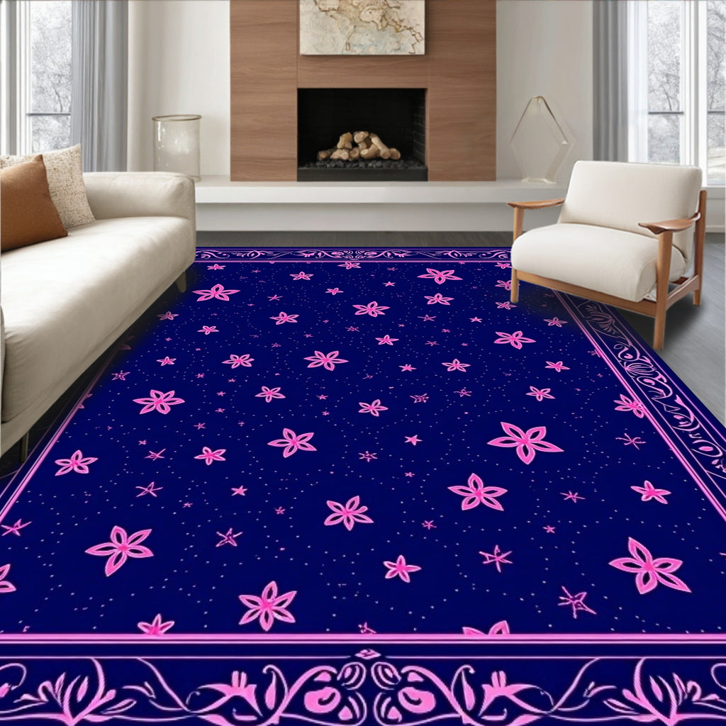 Navy Pink Starry Night Floral Border Rug