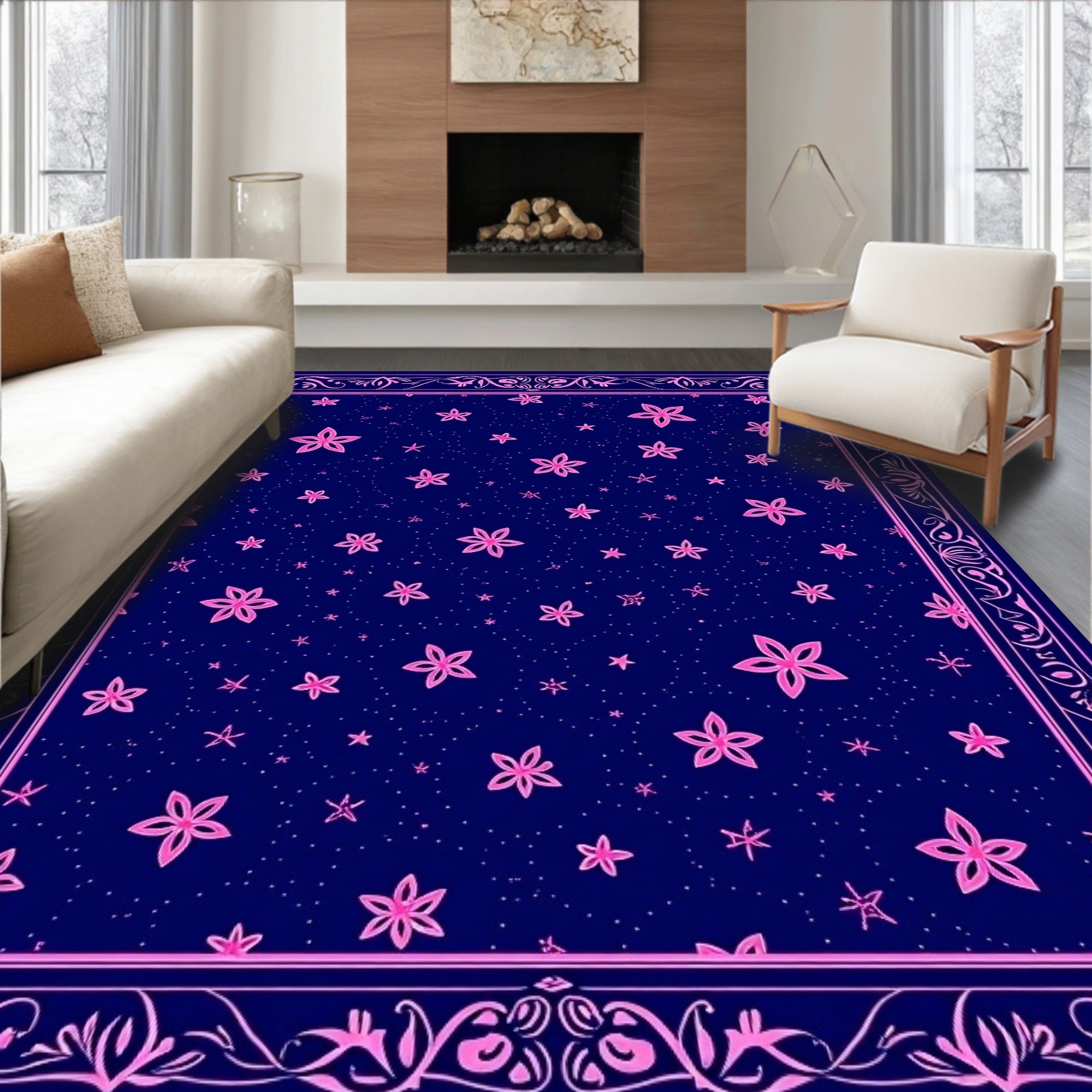 Navy Pink Starry Night Floral Border Rug